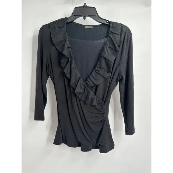 J McLaughlin Womens Minimalist Black Wool Bamboo Ruffle Wrap Top Size XS Office - Picture 1 of 8